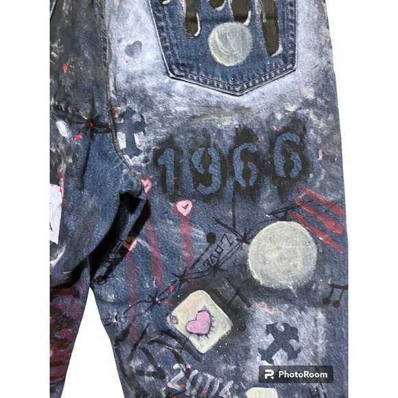 Vintage Upcycled Graffiti Jeans 10 High Rise Taper 30 x 28 Distressed Destroyed - Picture 11 of 14